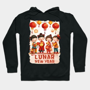 Children's Lunar New Year Celebration - Festive Kids in Red, Brown, Green & Yellow Watercolor Attire Hoodie